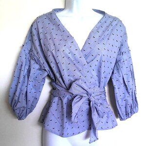 Max Studio Wrap Peplum Top W/ Self Tie Blue & White Cotton Puff Sleeves EUC XS